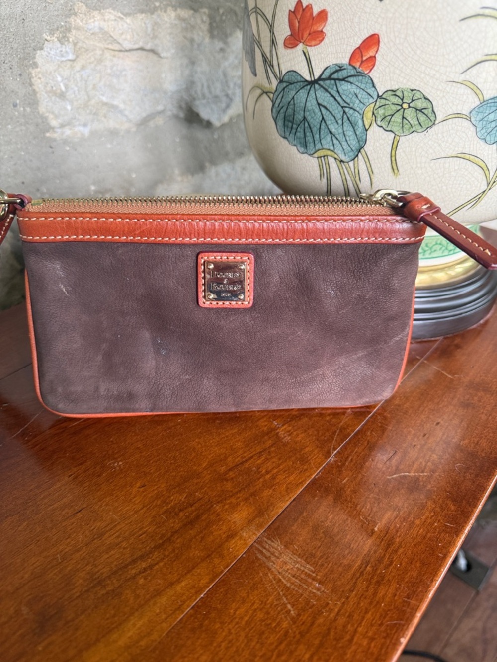 Dooney & Bourke Brown and Orange Leather-Trim Wristlet - Picture 2 of 5